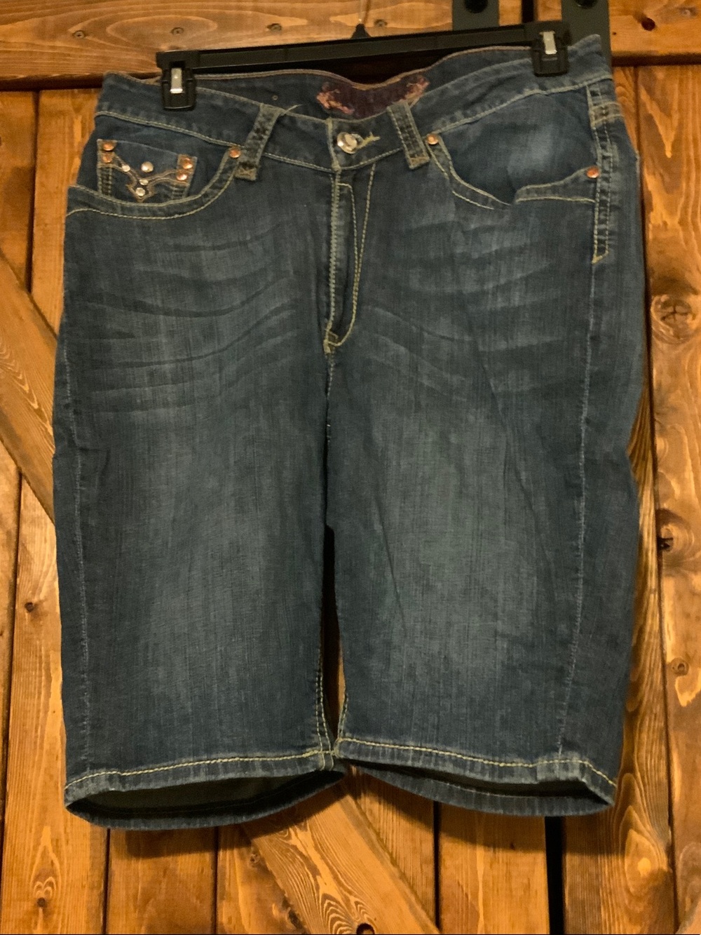 Women's Dark Blue Denim Bermuda Shorts with Embellished Pockets